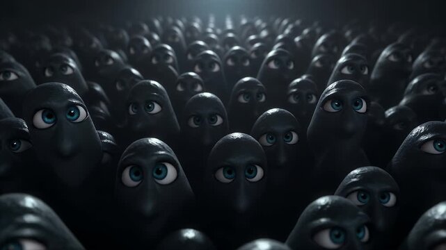 A multitude of dark, curious characters with big blue eyes.