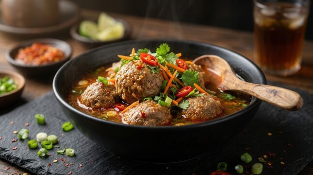 Spicy toppings and succulent meatballs in a full serving of bakso