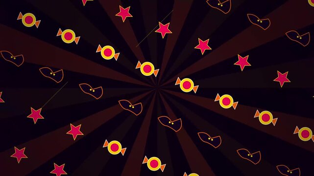 Halloween background with floating candies and stars on radial rays