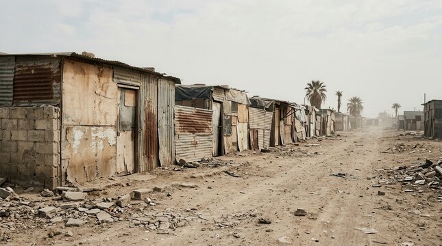 A poverty challenged living area featuring a wide scale depiction of fragile shelters and debris