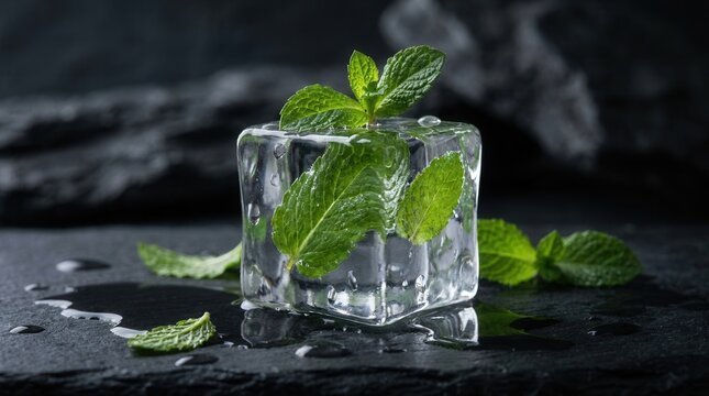 A dark stone surface featuring a synthetic ice cube adorned with fresh mint