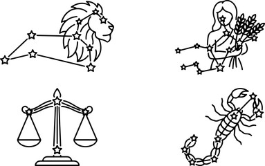 Obraz premium Astrology zodiac signs collection featuring lion and scale symbols in simple line art vector.