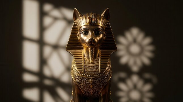 Concealing shadow background highlighting an ornate Egyptian cat statue with detailed golden jewelry