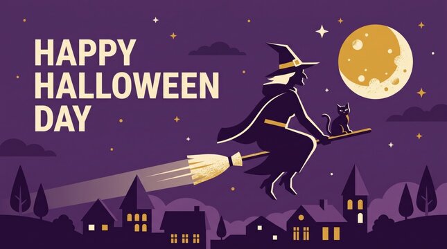 Happy Halloween Day with Witch Flying on Broomstick Over Spooky Town at Night.