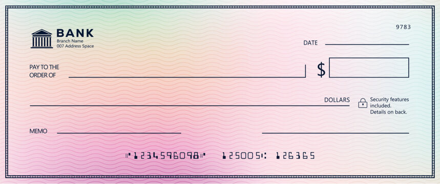 Vector bank cheque template with pastel wavy background pattern, date grid, account number box, signature line, and bank icon. Clean accounting illustration.
