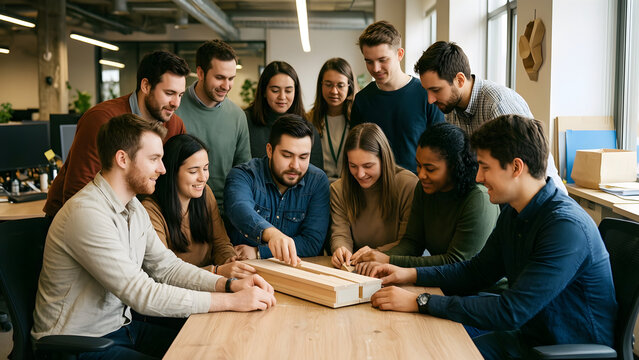 A coherent group of thirteen fictional colleagues with visible and nonvisible disability representation collaborating around physical prototypes for inclusive workplace, diverse teams