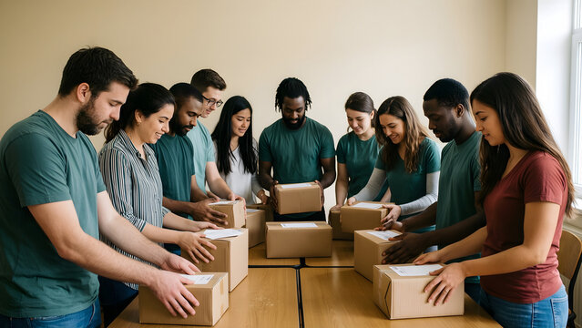 A coherent group of fourteen fictional adults from varied faith backgrounds packing plain care parcels together for interfaith cooperation, volunteering and social-support campaigns