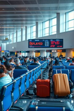 Crowded Airport Terminal Waiting Lounge with Delayed Flight Schedule Board