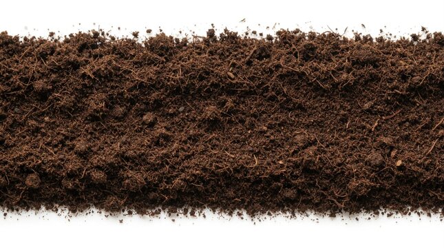 Narrow strip of rich brown soil on white background. Texture of organic dark dirt, earth layer. Macro detail of fertile ground for agriculture, gardening, plant growth. Natural soil sample isolated