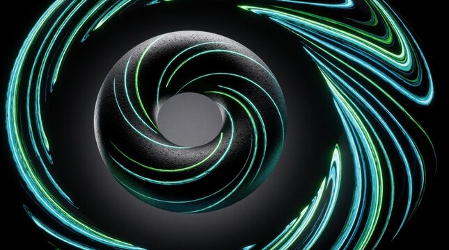 Abstract torus form with swirling neon light trails. Dark background highlights glowing green and blue curves in circular motion. Futuristic digital energy flow and shape.