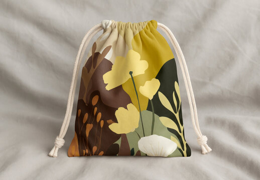 Floral Drawstring Bag Mockup PSD