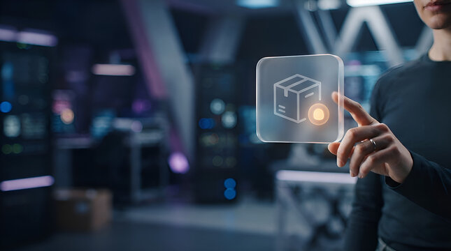 Businessman in dark clothing interacts with glowing package icon in modern tech environment
