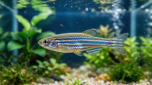 Zebrafish swimming in a clear aquarium, close up view