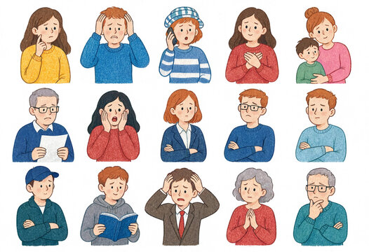 Diverse group of adults expressing various emotions in illustrated grid  