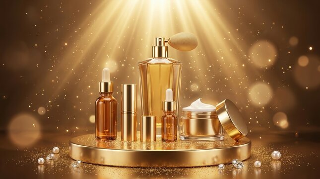 Radiant lighting background with luxury gold products displayed on an elegant blank podium