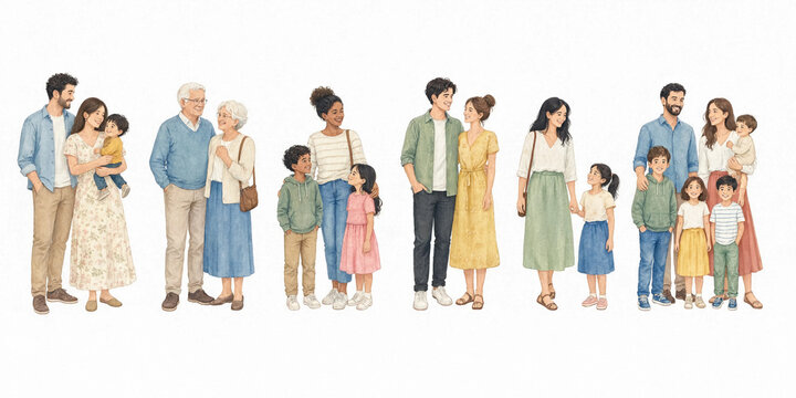 Diverse family groups standing together in a friendly gathering  