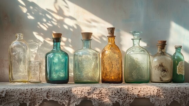 Vintage glass bottles standing softly on a white lace cloth, showcasing dramatic light and shadow effects, elegant still life