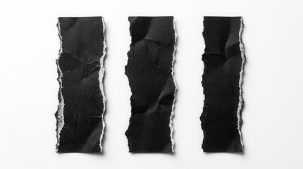 Obraz premium On a white backdrop with clipping path, three ripped black paper strips serving as text boxes