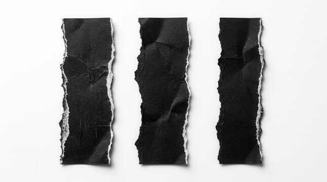 On a white backdrop with clipping path, three ripped black paper strips serving as text boxes