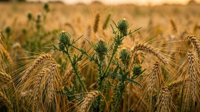 In a harvest field, green thorny tares are growing among mature wheat stalks