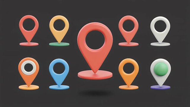 A collection of colorful 3D map location pins.