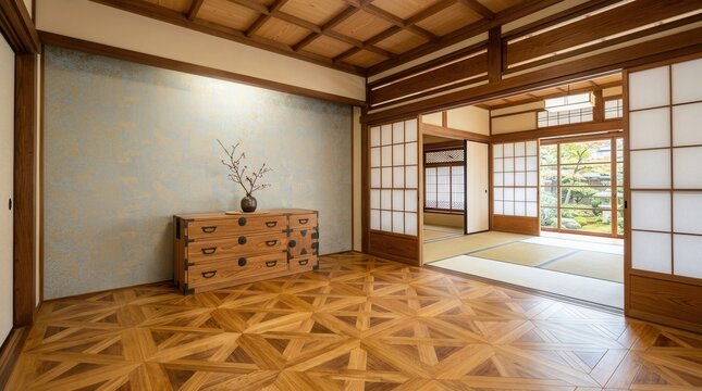 Parquet flooring and wooden dresser inside a spacious Japanese living room with wallpaper