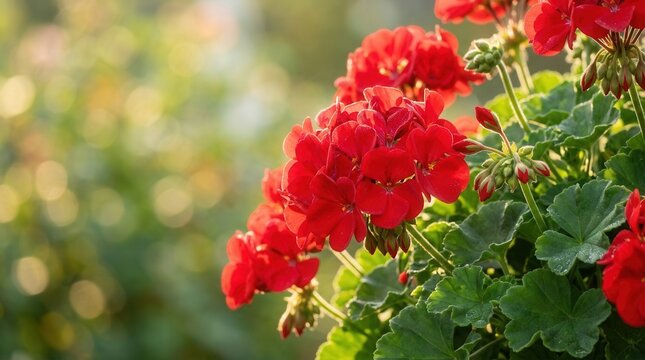 Soft sunlight illuminating red geraniums in full bloom with lush green leaves
