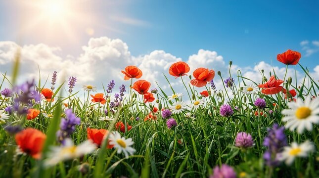 Editorial header of a sunlit spring meadow with blue sky and flowering plants celebrating World Earth Day