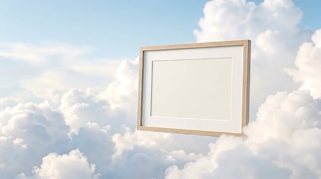 Wooden horizontal picture frame floating against a soft blue sky