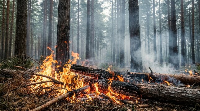 Copy space background of forest woods burning with smoke and controlled flames