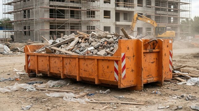 A large container with construction refuse at a building project location