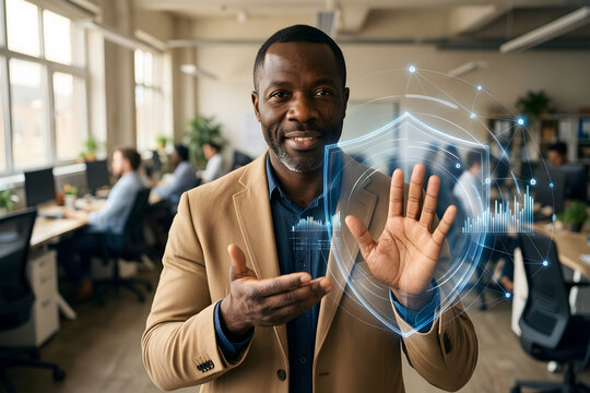 Fictional Black man professional in his mid forties with vitiligo, close-cropped hair and a sand blazer in a sunlit flexible workplace, comparing two well-separated clusters of translucent data