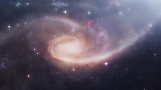 A swirling galaxy with vibrant nebulae and distant stars fills the frame, presented in a triptych.