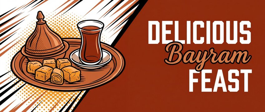Turkish tea baklava bayram feast illustration in retro pop art comic style banner for islamic eid holiday celebration greeting with traditional sweet dessert and tea cup on vintage background design