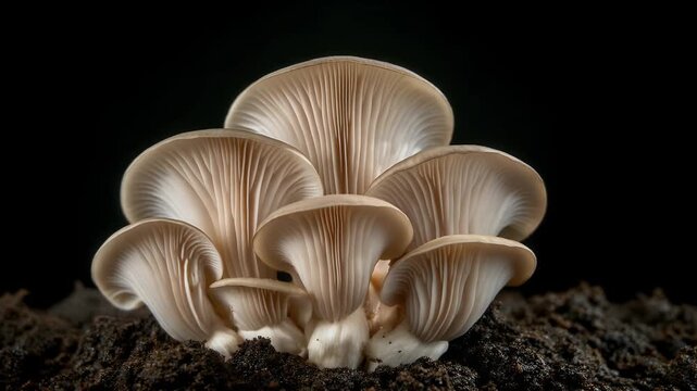 A close-up, high-angle, triptych view of oyster mushrooms growing from dark soil against a black background.