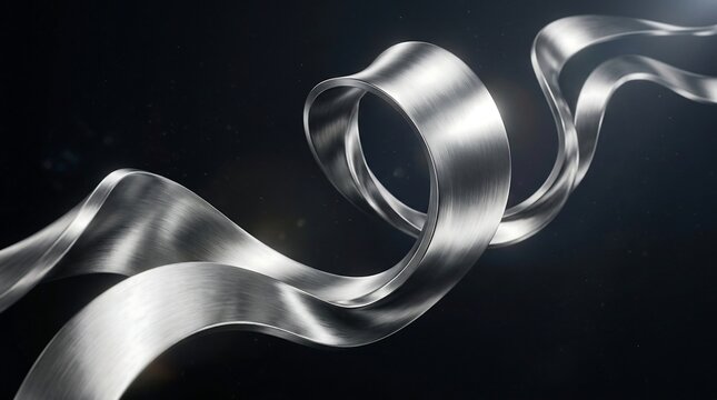 Abstract metallic silver ribbon flowing against a dark black background