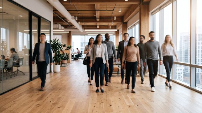 Diverse professional business team walking together in modern office hallway
