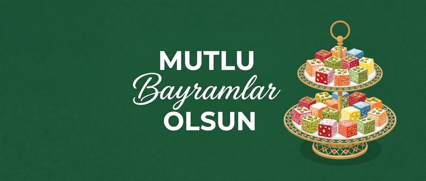 Turkish delight eid greeting banner with traditional colorful lokum candy on two tiered stand for happy bayram celebration and islamic holiday design green background vector background illustration