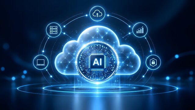 Artificial intelligence and machine learning cloud computing concept with glowing digital brain microchip connecting network icons
