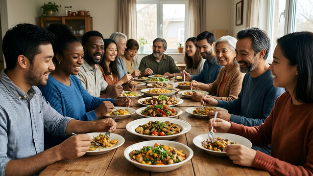 A coherent group of eighteen fictional neighbors from varied cultural backgrounds sharing home-cooked food at long tables for local flavor, neighborhood connection and community-food campaigns