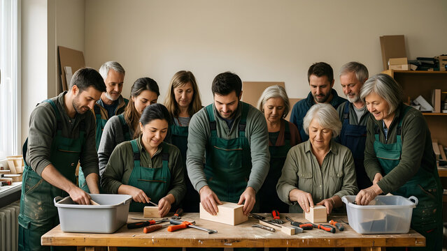 A coherent group of fifteen fictional neighbors repairing separate household objects at four practical workstations for repair economy, neighborhood action and product-longevity campaigns