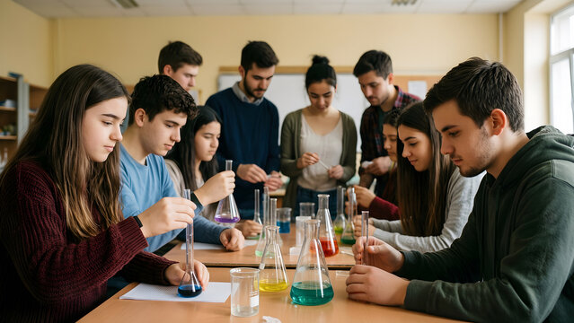 A coherent group of twelve fictional university-age learners conducting separate simple material experiments with two instructors for higher education, science learning and collaborative-research