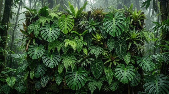 Dark green plants and tropical leaves like ferns, anthurium, and epiphytes creating a beautiful green plant wall design in a lush cloud forest background.