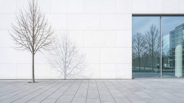 Tall white walls of a contemporary city building and a bare sidewalk covered in gray stones during spring with copyspace for text