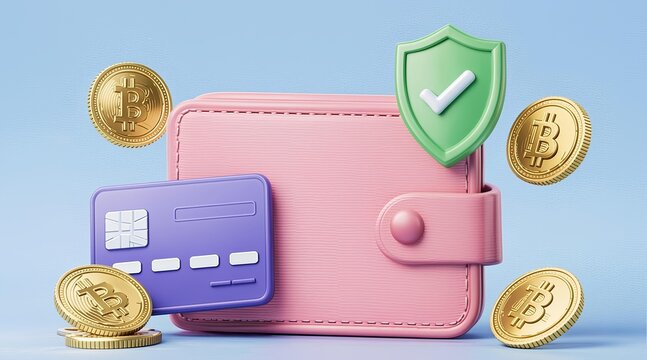 3D Illustration of a Digital Crypto Wallet with Credit Card and Security Shield for Financial Protection