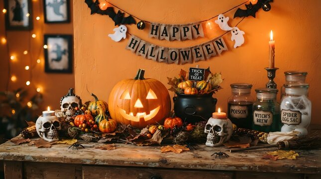 Young woman carving a pumpkin in a decorated Halloween setting with festive props