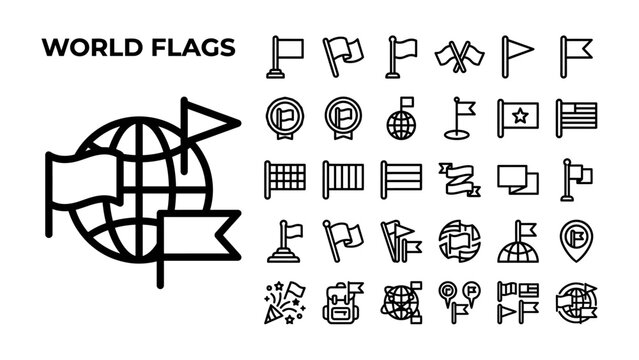 World Flags Collection: A graphic set showcasing diverse flag icons from around the world, including national flags, pennants, and banners, alongside a stylized globe adorned with flags.