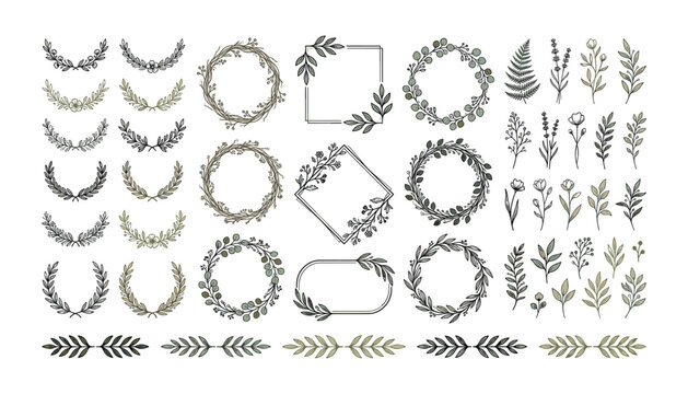 Elegant botanical vector collection featuring hand drawn floral wreaths laurels leaf branches geometric frames and rustic borders