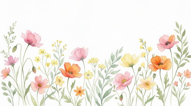 Floral border in watercolor style featuring orange and pink wild flowers plants and foliage on white backdrop