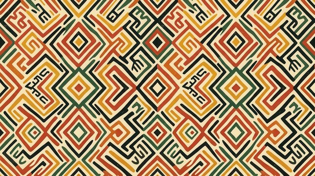 Bohemian hand drawn ornament in a 2d illustration of a seamless african pattern with vintage textile colors.